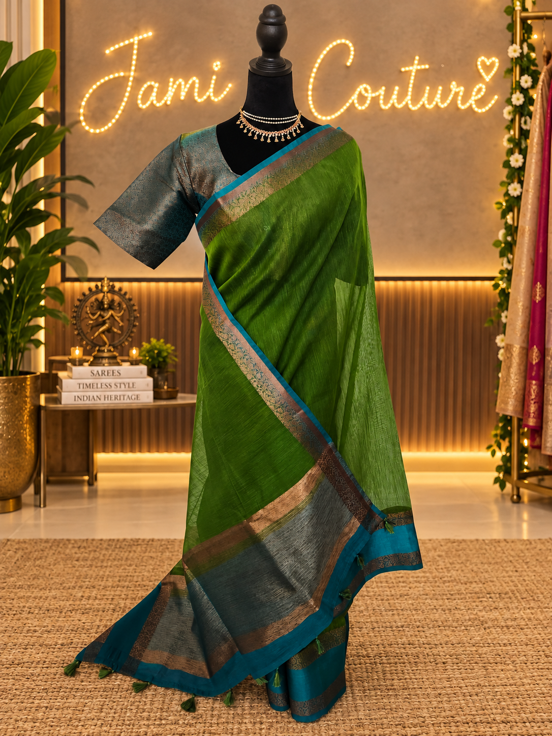 Green Handloom Jute Saree Set with Peacock Blue Border