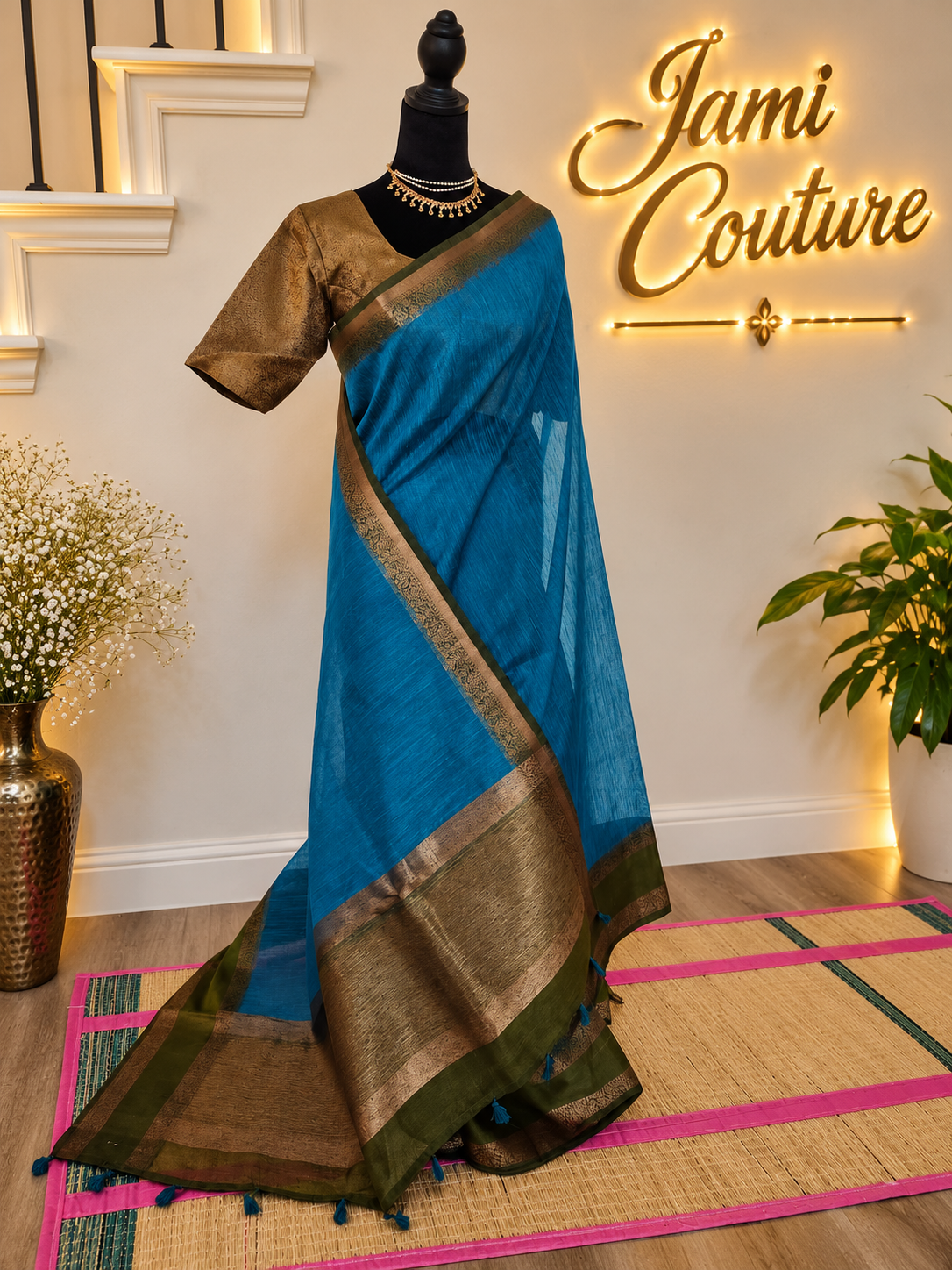 Peacock Blue Handloom Jute Saree Set with Olive Green Border