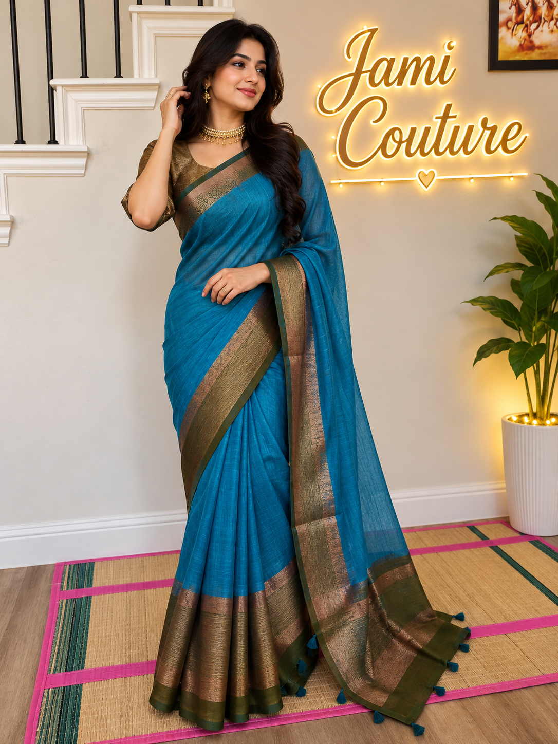 Peacock Blue Handloom Jute Saree Set with Olive Green Border
