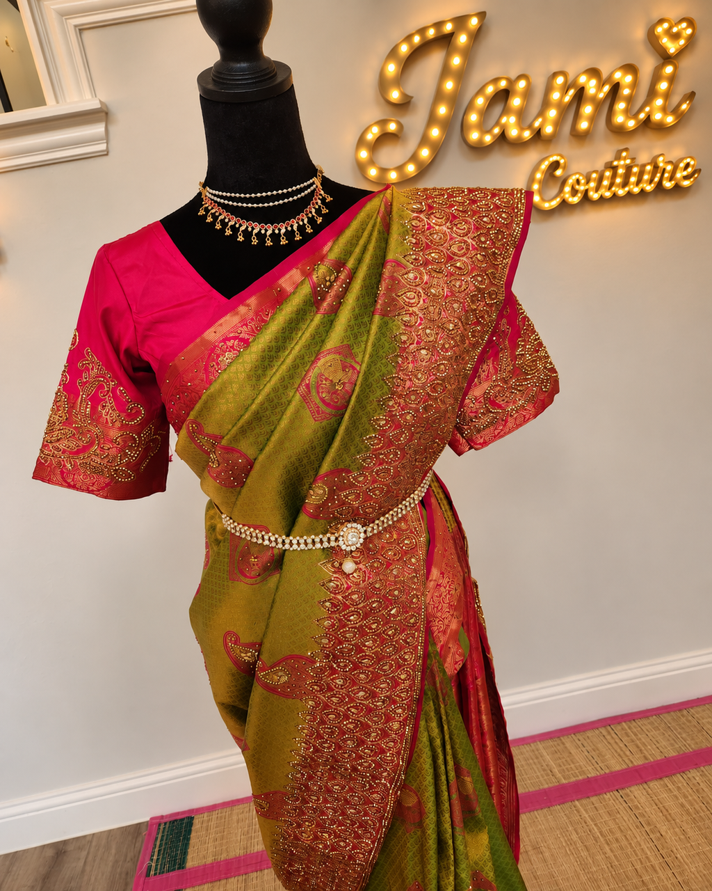 Olive/Mehendi green with a bright Rani pink - Premium Kanchi Silk Saree with Hand Zardosi Work