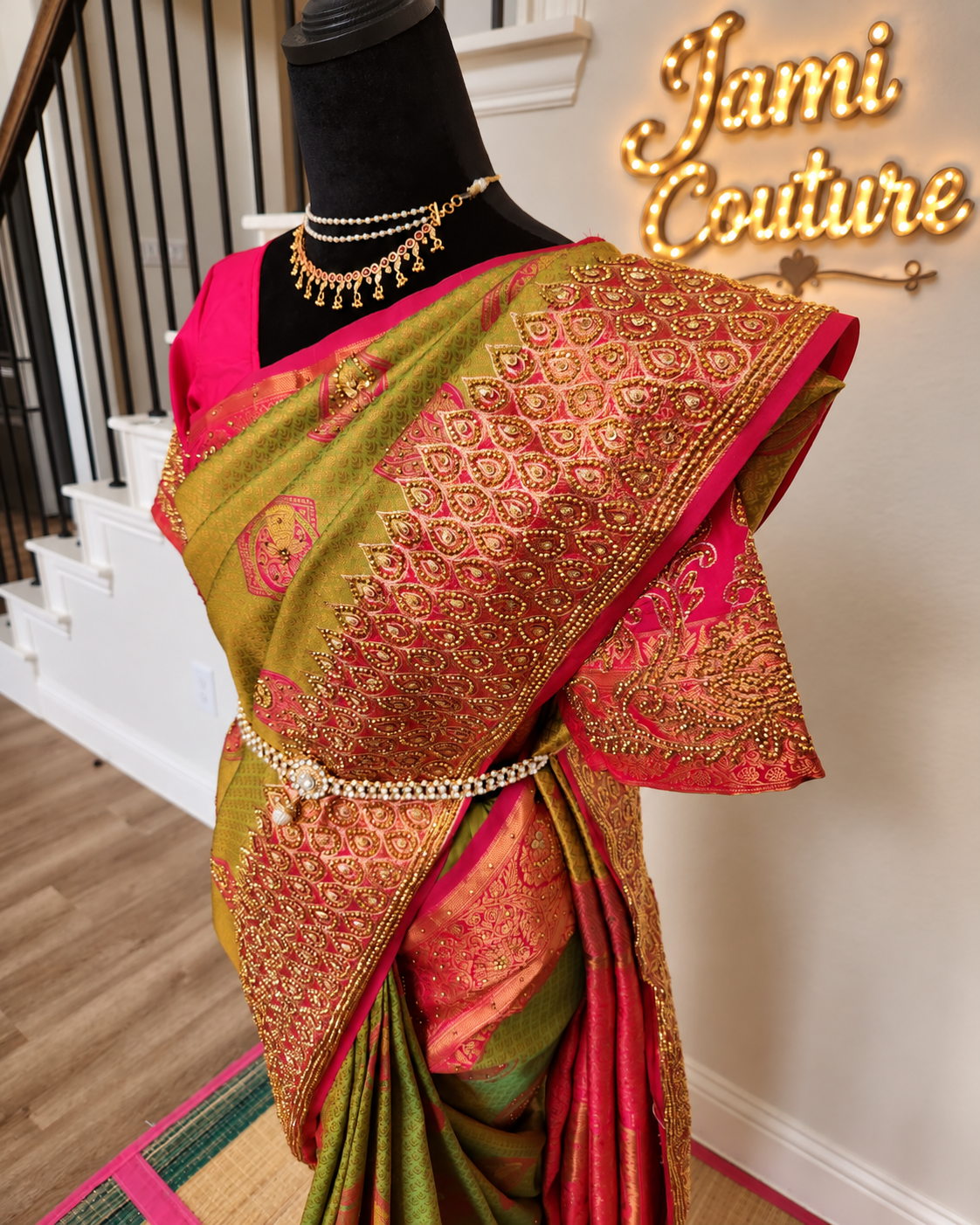 Olive/Mehendi green with a bright Rani pink - Premium Kanchi Silk Saree with Hand Zardosi Work