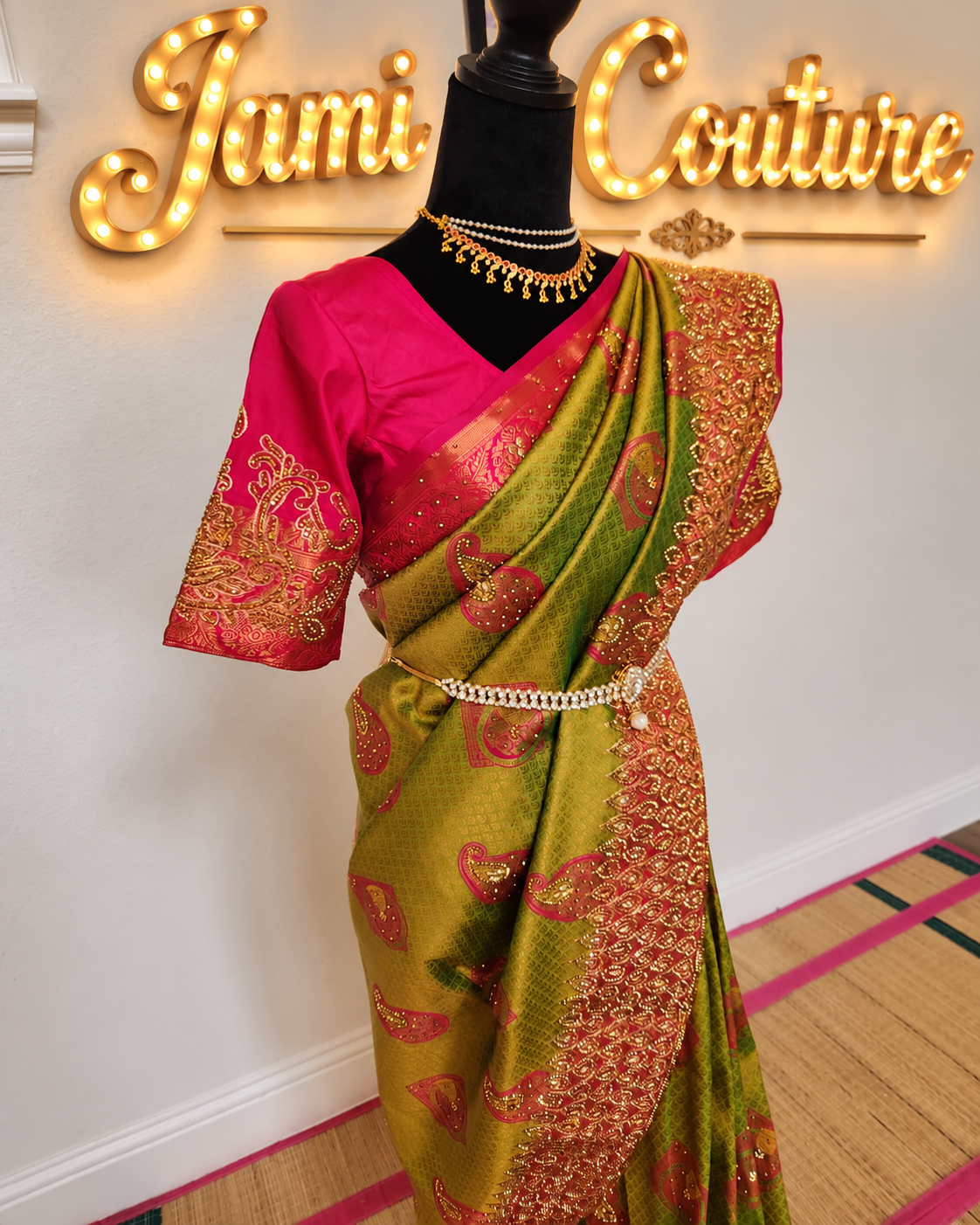 Olive/Mehendi green with a bright Rani pink - Premium Kanchi Silk Saree with Hand Zardosi Work