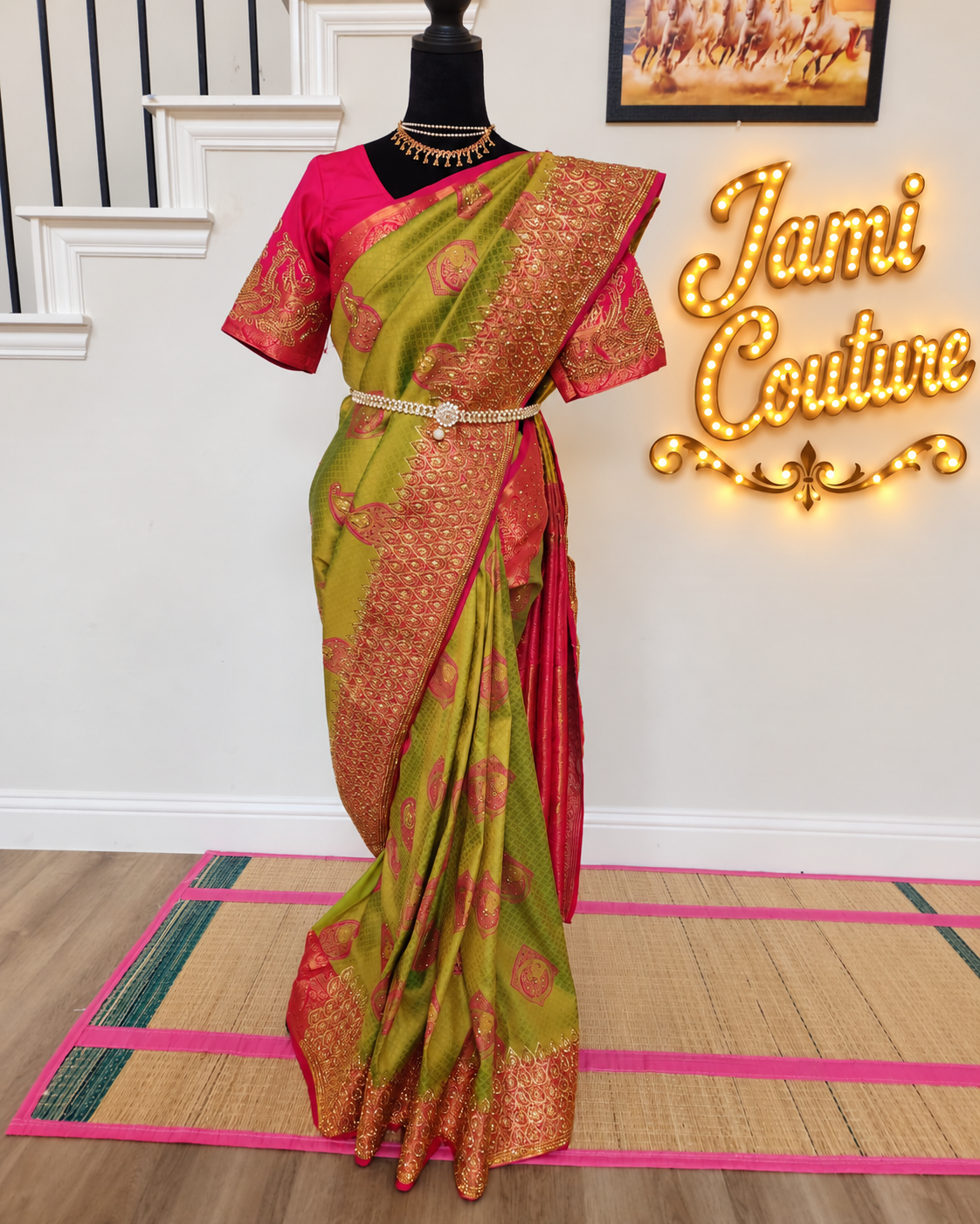Olive/Mehendi green with a bright Rani pink - Premium Kanchi Silk Saree with Hand Zardosi Work