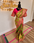 Olive/Mehendi green with a bright Rani pink - Premium Kanchi Silk Saree with Hand Zardosi Work