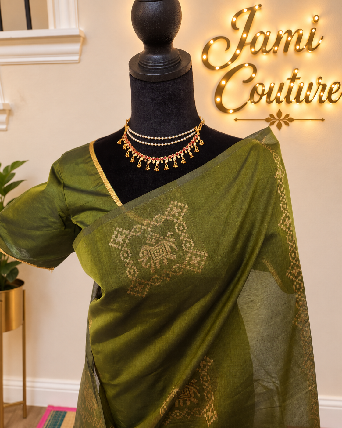 Olive Green Cotton Saree, Gold Patola Kolam & Elephant weaving with stitched Matching Blouse