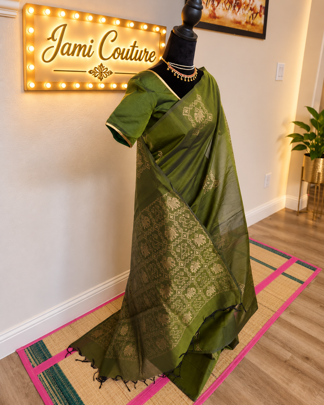 Olive Green Cotton Saree, Gold Patola Kolam & Elephant weaving with stitched Matching Blouse