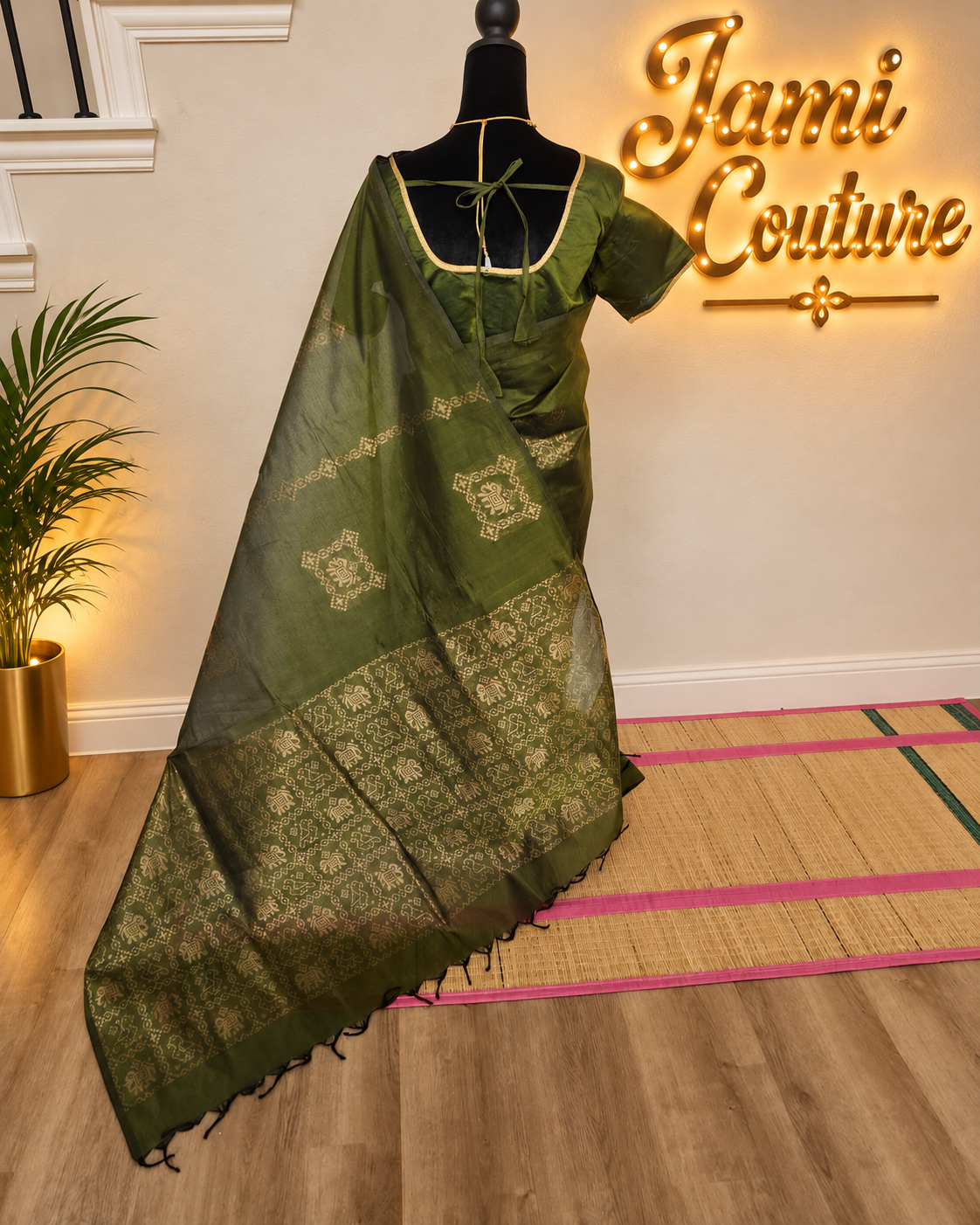 Olive Green Cotton Saree, Gold Patola Kolam & Elephant weaving with stitched Matching Blouse