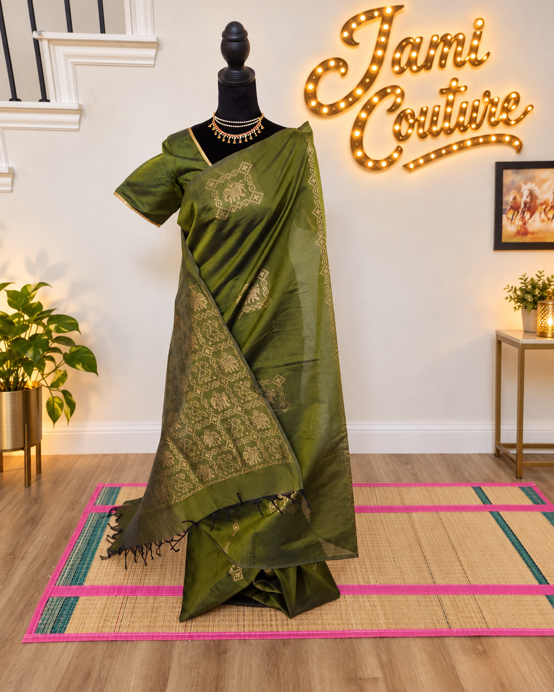 Olive Green Cotton Saree, Gold Patola Kolam & Elephant weaving with stitched Matching Blouse
