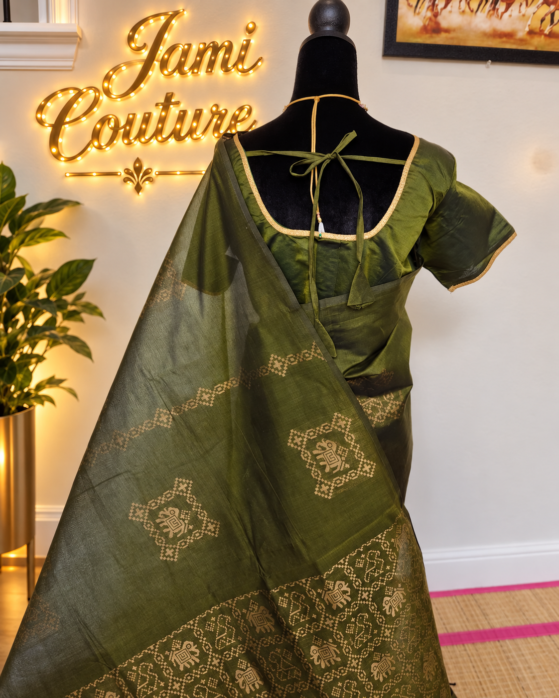 Olive Green Cotton Saree, Gold Patola Kolam & Elephant weaving with stitched Matching Blouse