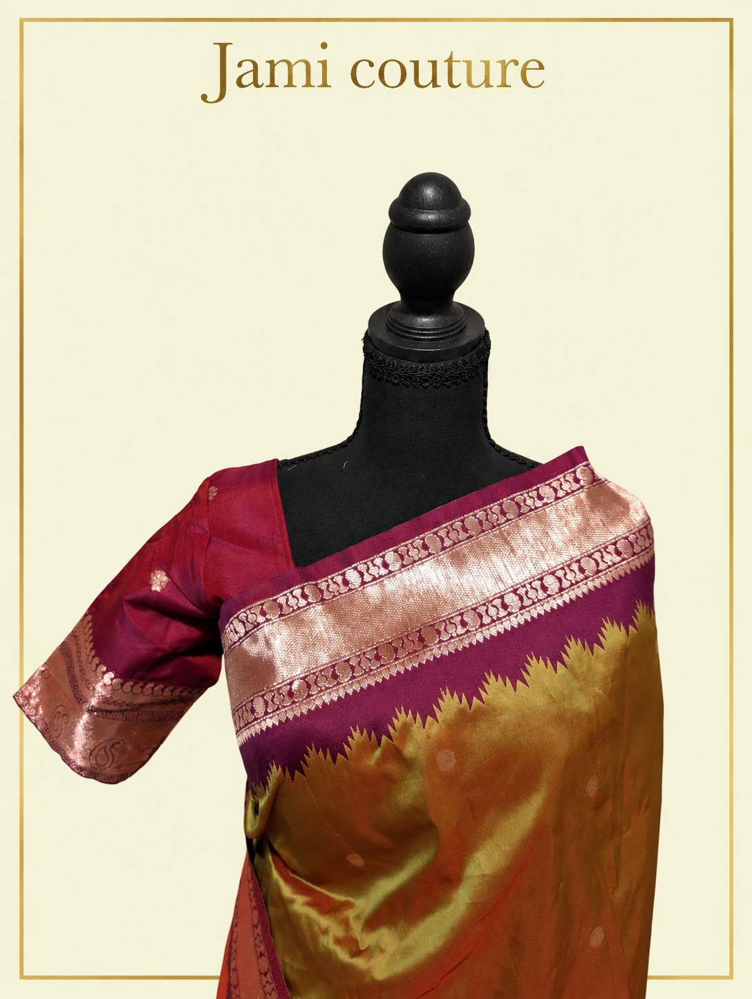 Mustard Gold Soft Banarasi Silk Saree with Copper Zari Weaving & Magenta Contrast Border | Matching Stitched Blouse