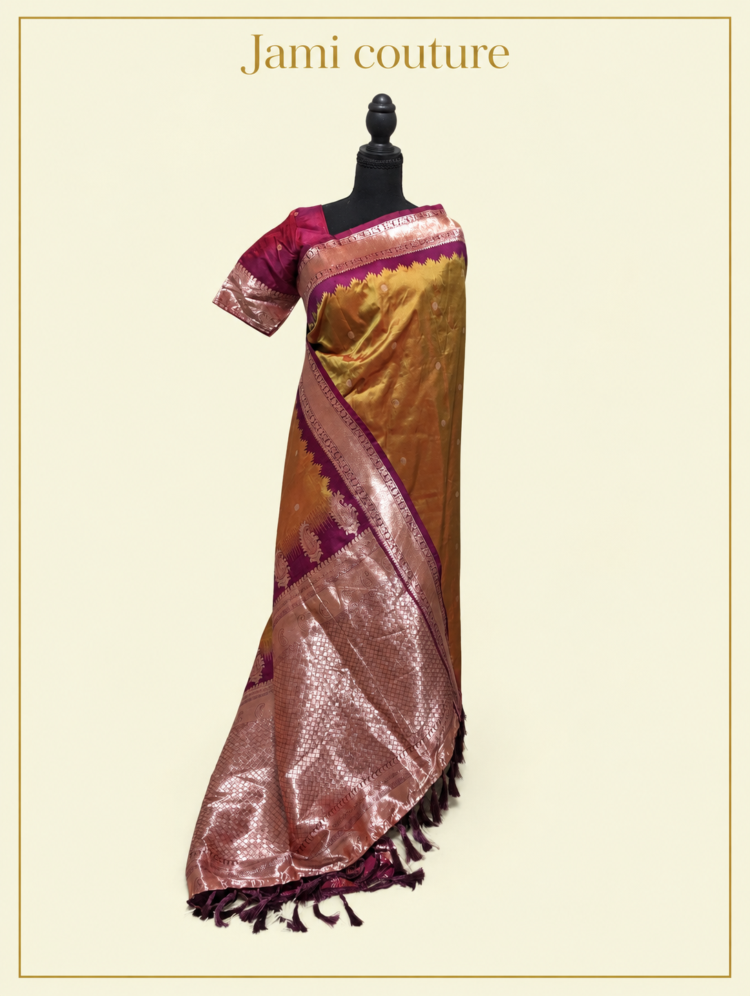 Mustard Gold Soft Banarasi Silk Saree with Copper Zari Weaving & Magenta Contrast Border | Matching Stitched Blouse