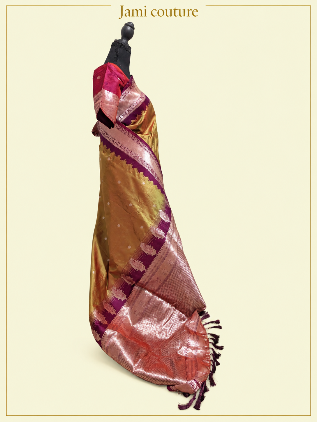 Mustard Gold Soft Banarasi Silk Saree with Copper Zari Weaving & Magenta Contrast Border | Matching Stitched Blouse
