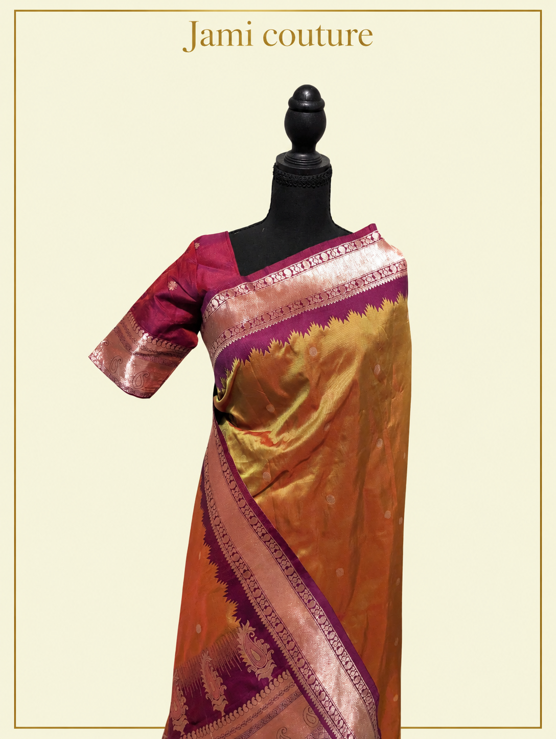 Mustard Gold Soft Banarasi Silk Saree with Copper Zari Weaving & Magenta Contrast Border | Matching Stitched Blouse