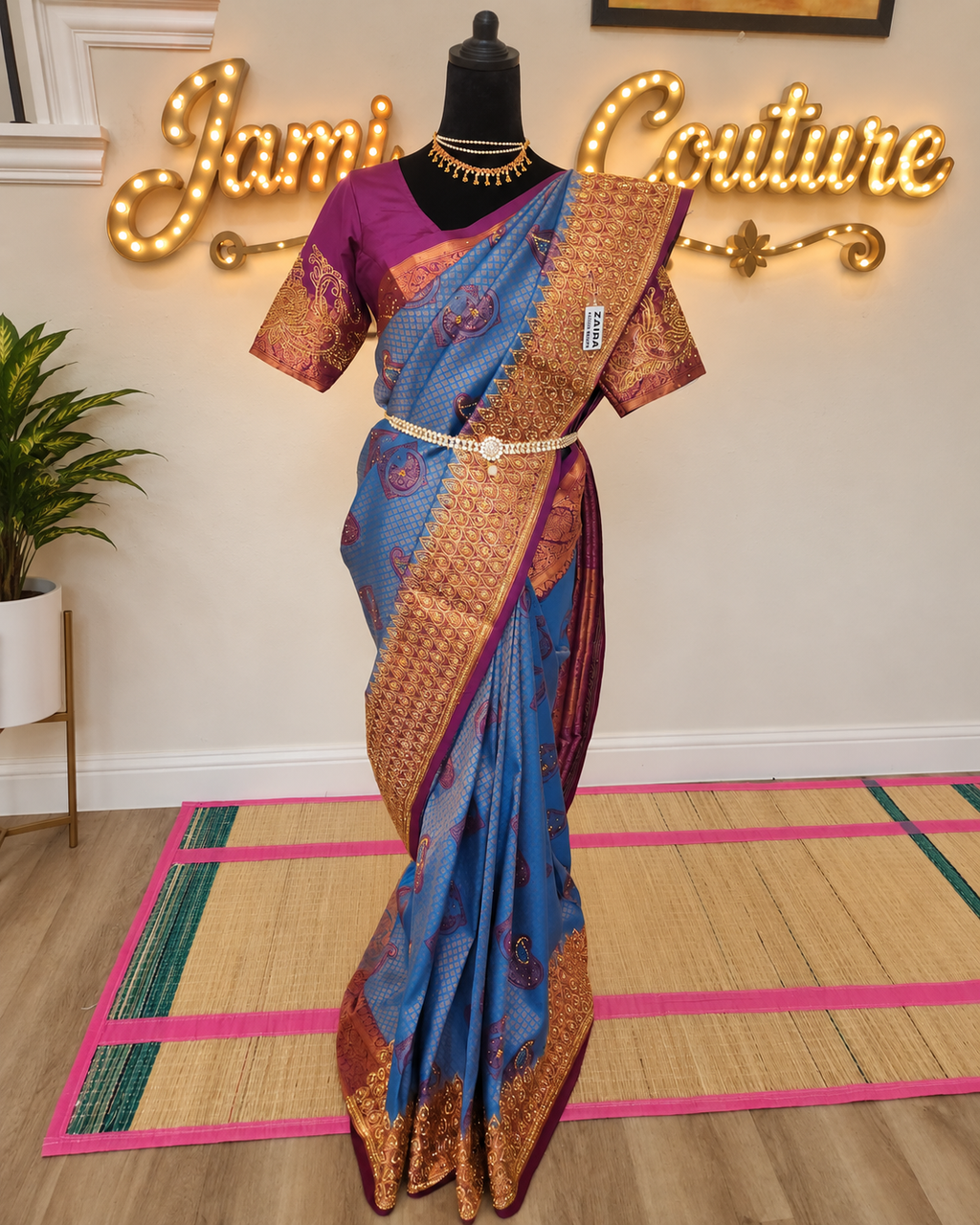 Peacock Blue with a Deep Wine - Premium Kanchi Silk Saree with Hand Zardosi Work