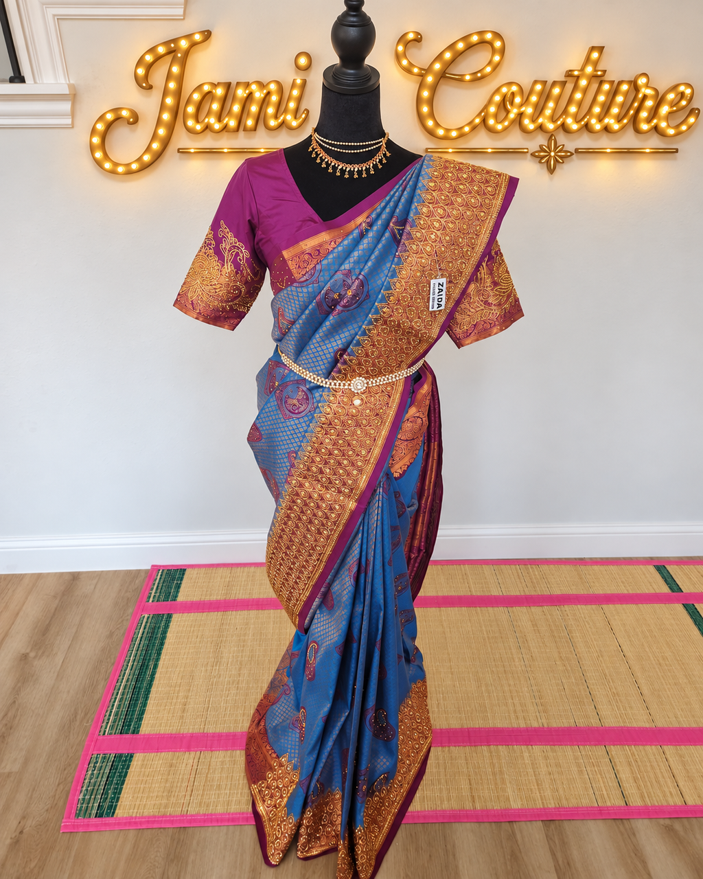 Peacock Blue with a Deep Wine - Premium Kanchi Silk Saree with Hand Zardosi Work
