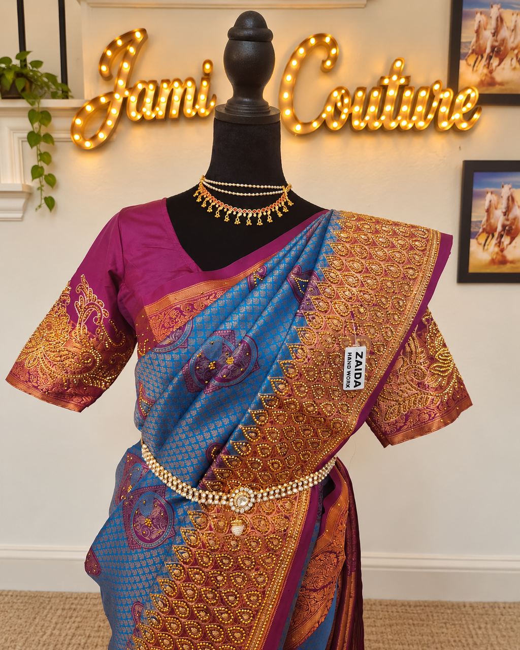 Peacock Blue with a Deep Wine - Premium Kanchi Silk Saree with Hand Zardosi Work