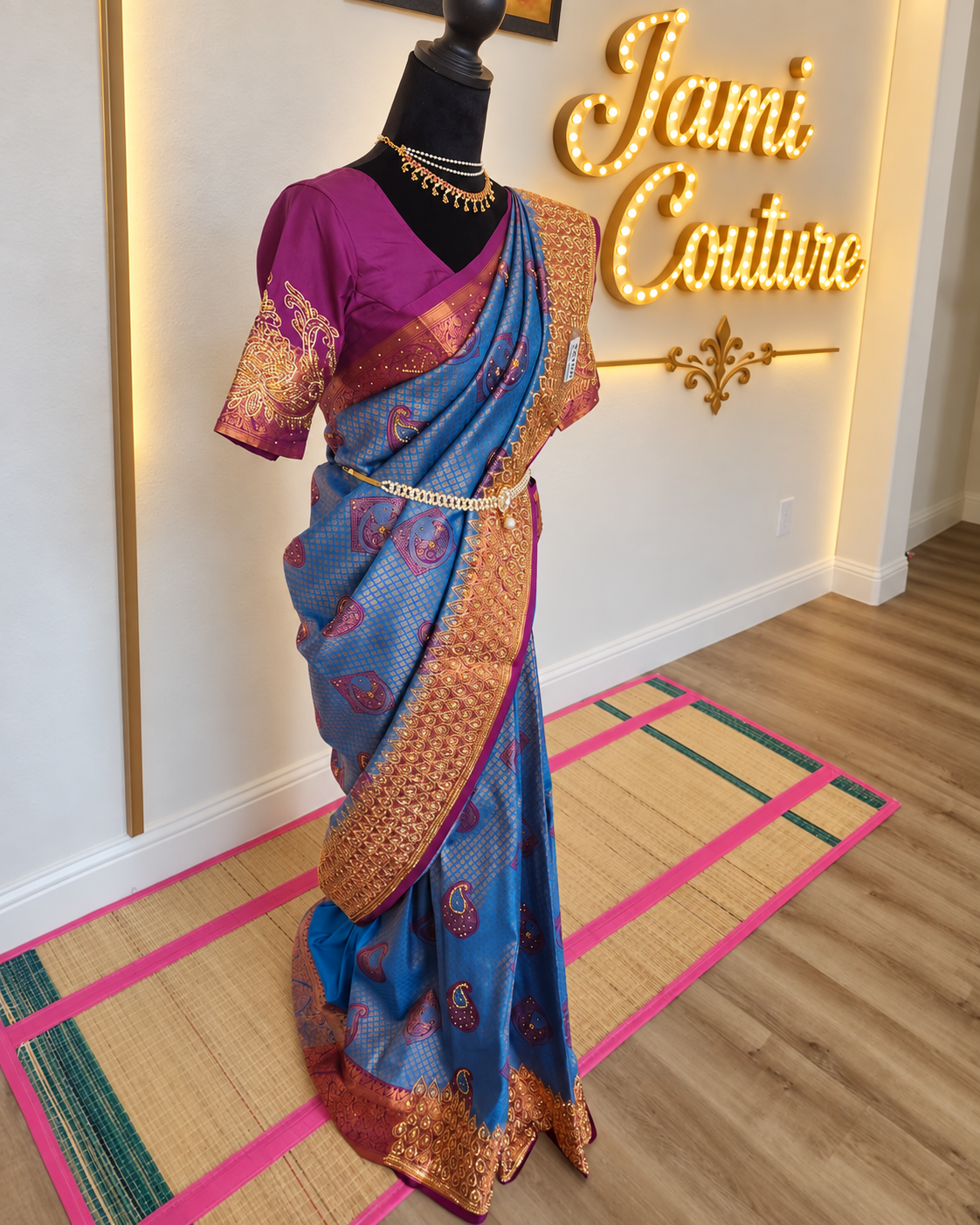 Peacock Blue with a Deep Wine - Premium Kanchi Silk Saree with Hand Zardosi Work