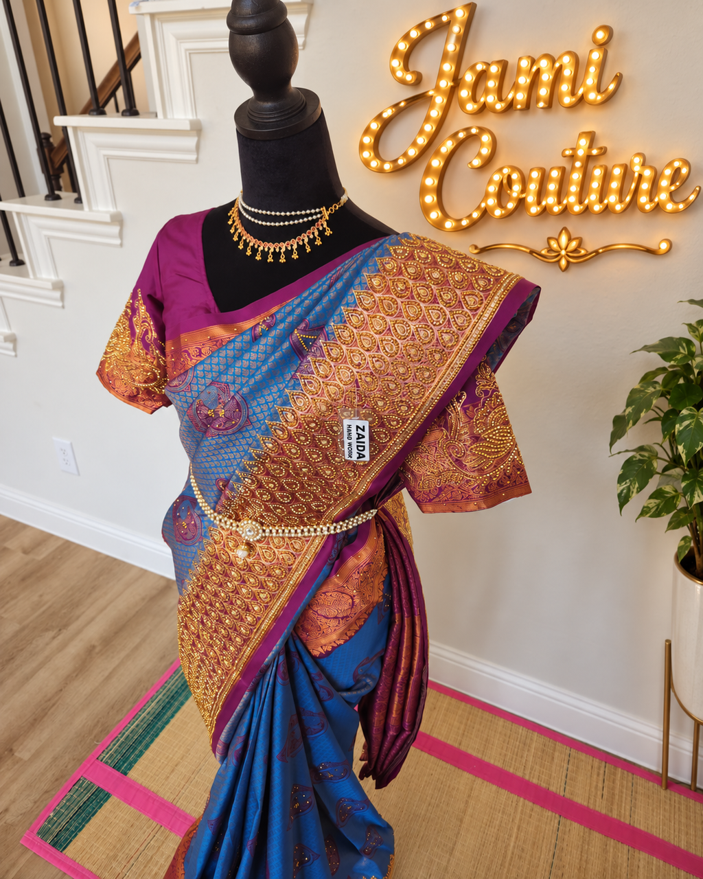 Peacock Blue with a Deep Wine - Premium Kanchi Silk Saree with Hand Zardosi Work