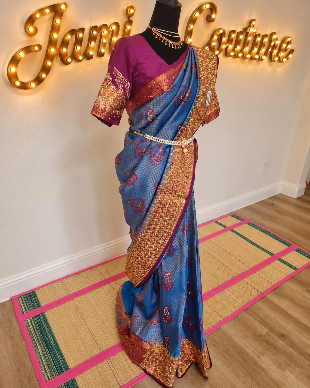 Peacock Blue with a Deep Wine - Premium Kanchi Silk Saree with Hand Zardosi Work