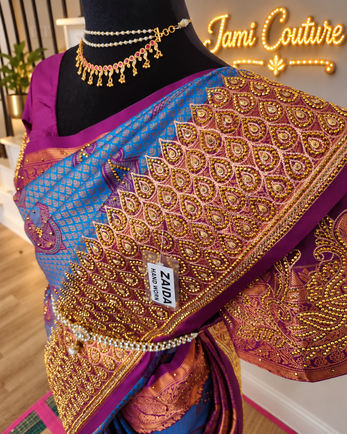 Peacock Blue with a Deep Wine - Premium Kanchi Silk Saree with Hand Zardosi Work