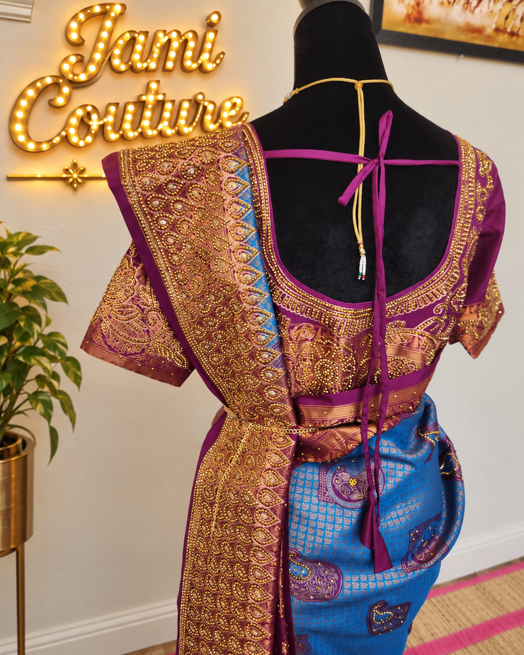 Peacock Blue with a Deep Wine - Premium Kanchi Silk Saree with Hand Zardosi Work