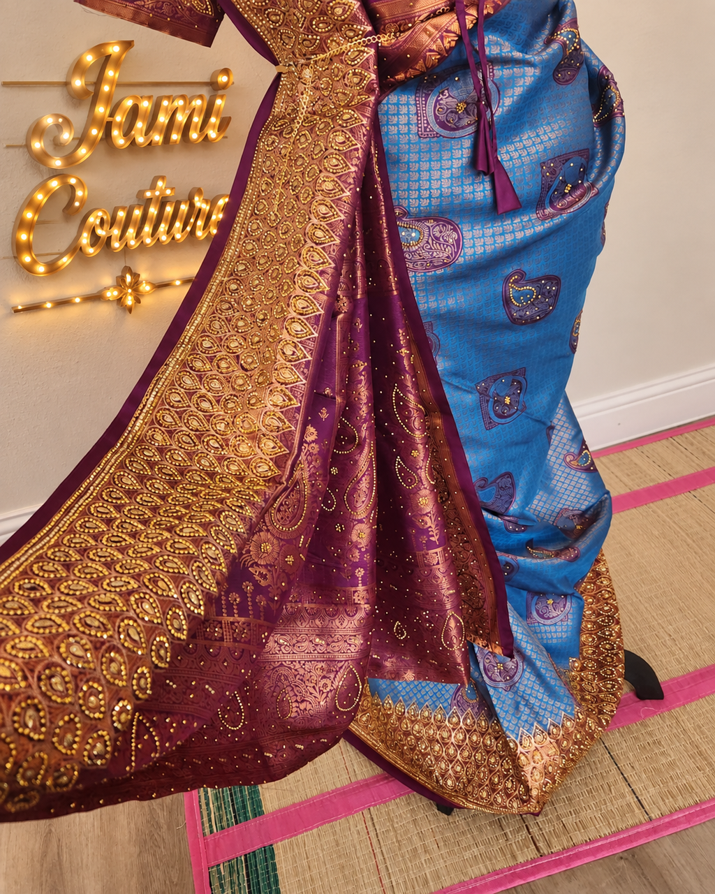Peacock Blue with a Deep Wine - Premium Kanchi Silk Saree with Hand Zardosi Work