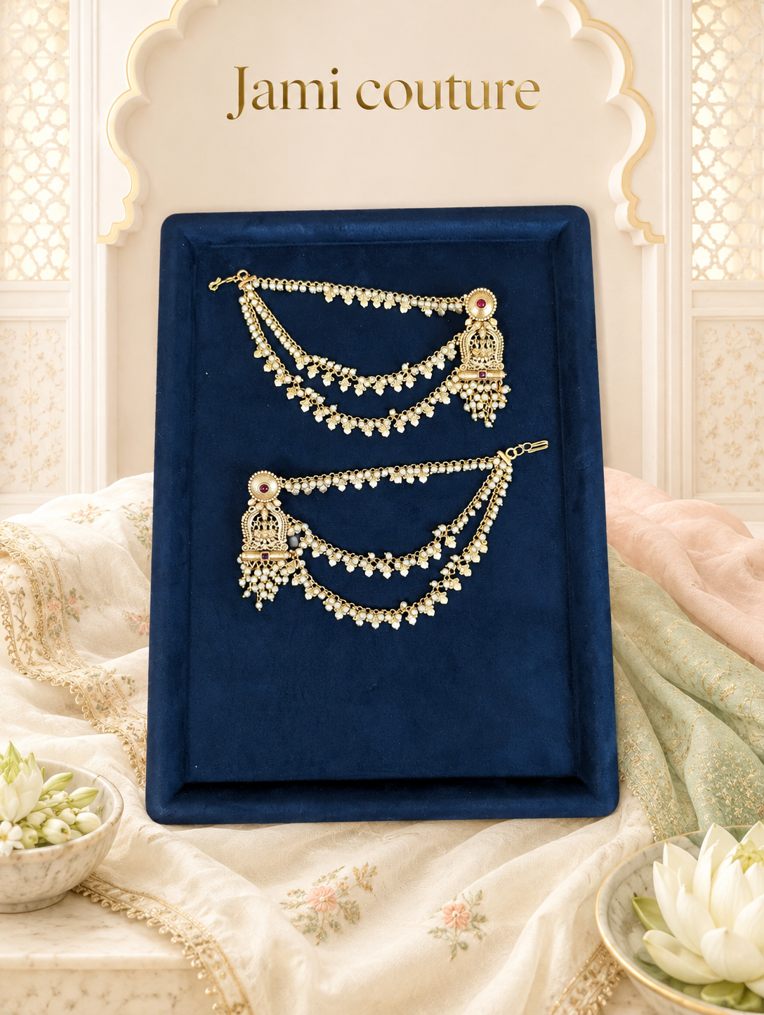 Antique gold Lakshmi jhumka earrings with pearl chain drapes on a navy velvet tray