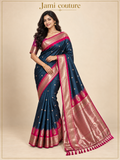 Peacock Blue Soft Banarasi Silk Saree with Copper Zari Paisley Weaving & Rani Pink Temple Border | Matching Stitched Blouse