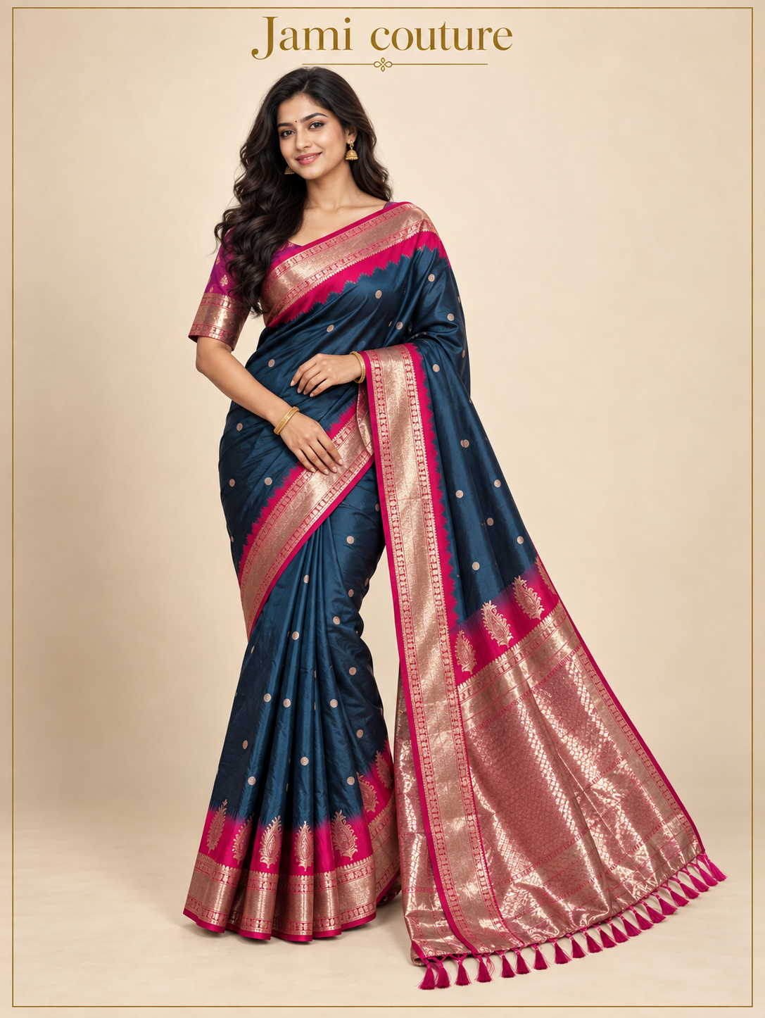 Peacock Blue Soft Banarasi Silk Saree with Copper Zari Paisley Weaving & Rani Pink Temple Border | Matching Stitched Blouse