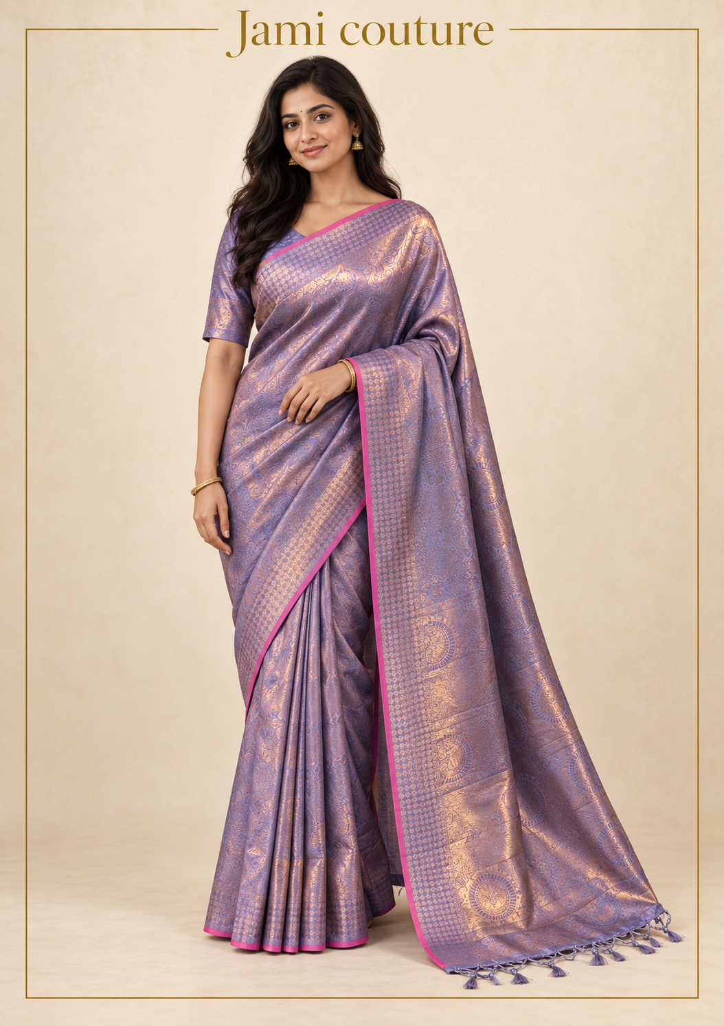 Lavender Handloom Weaving Silk Saree with All-Over Gold Zari Brocade & Pink Border | Matching Stitched Blouse