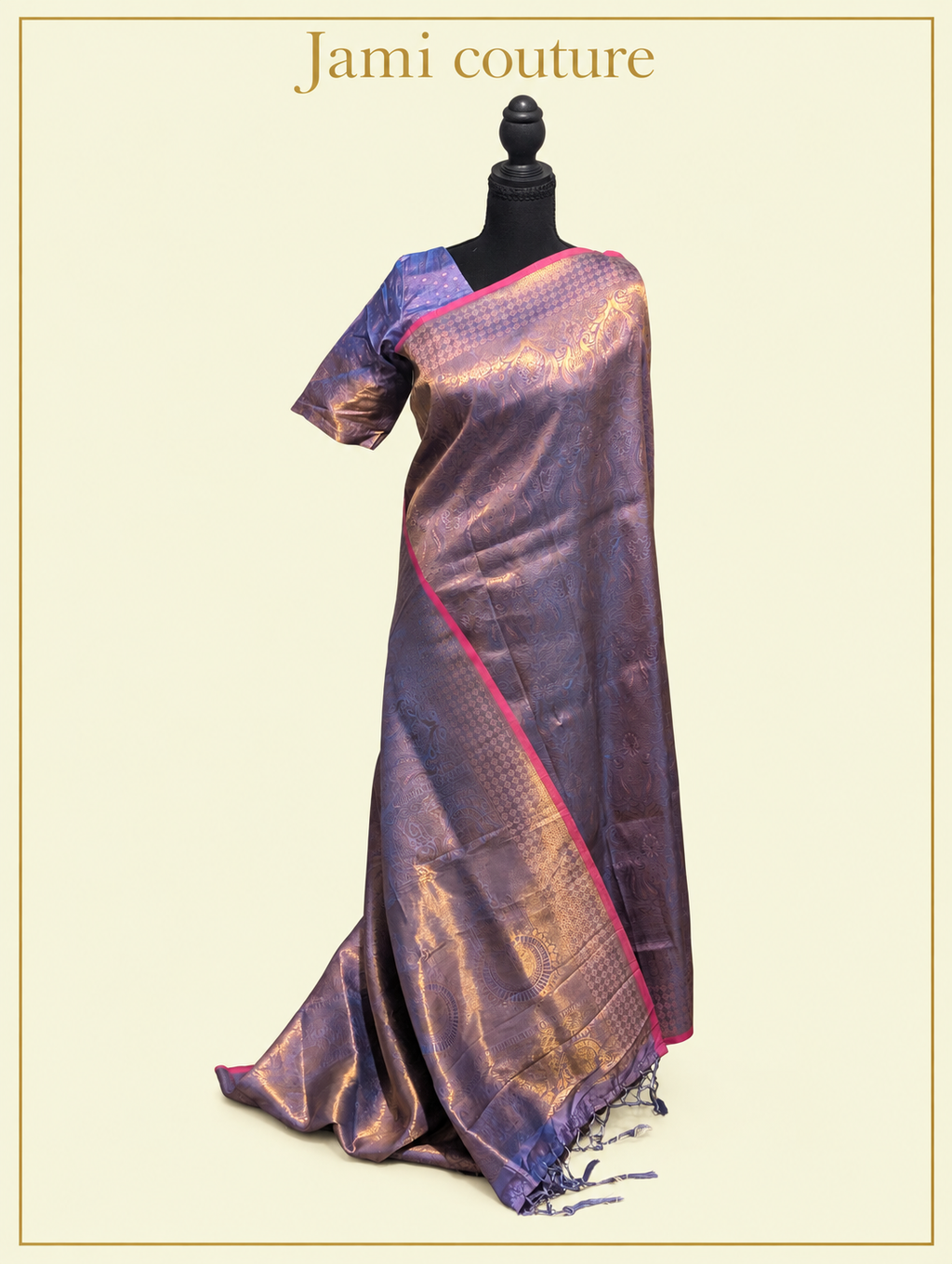 Lavender Handloom Weaving Silk Saree with All-Over Gold Zari Brocade & Pink Border | Matching Stitched Blouse