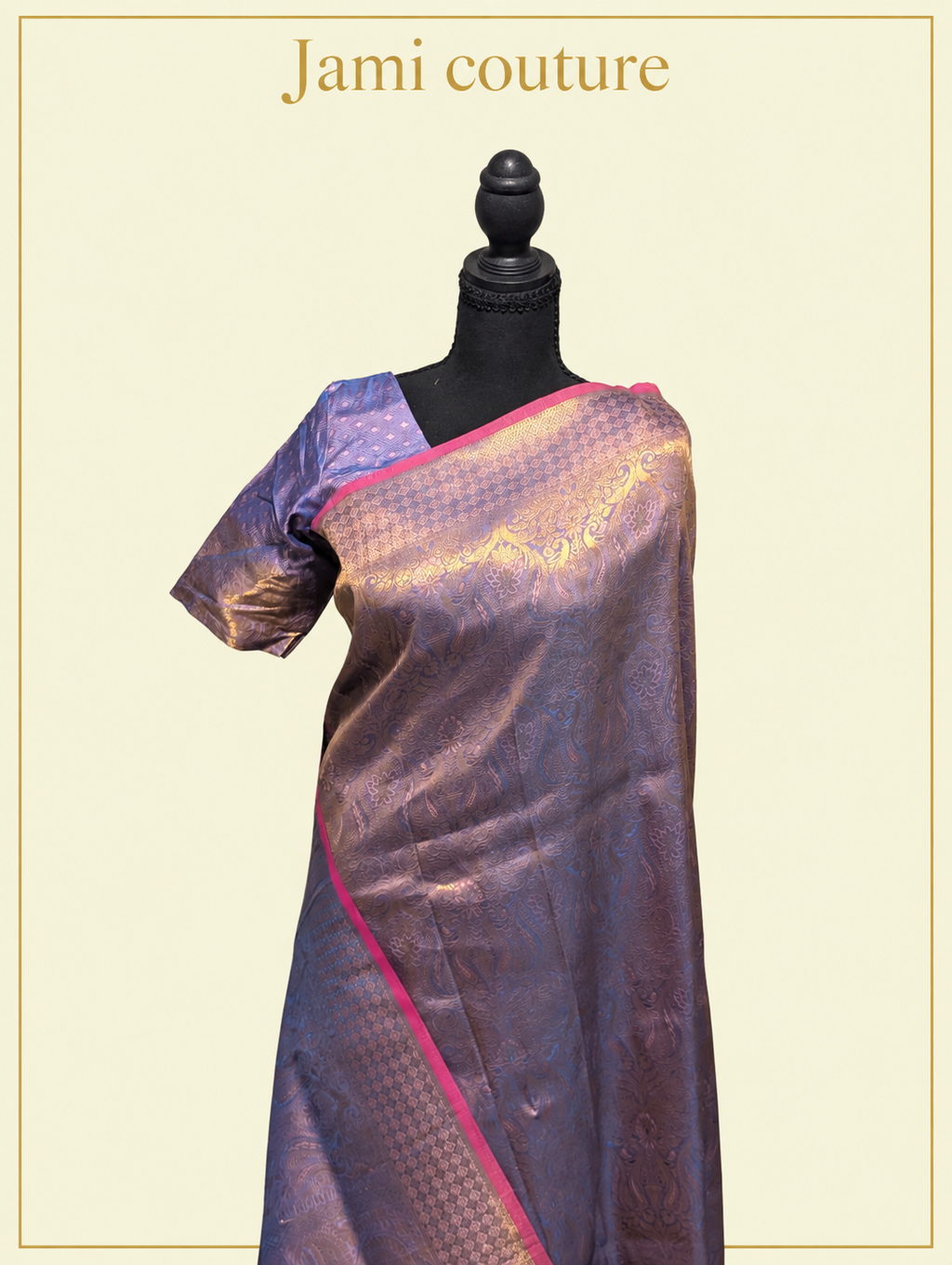 Lavender Handloom Weaving Silk Saree with All-Over Gold Zari Brocade & Pink Border | Matching Stitched Blouse