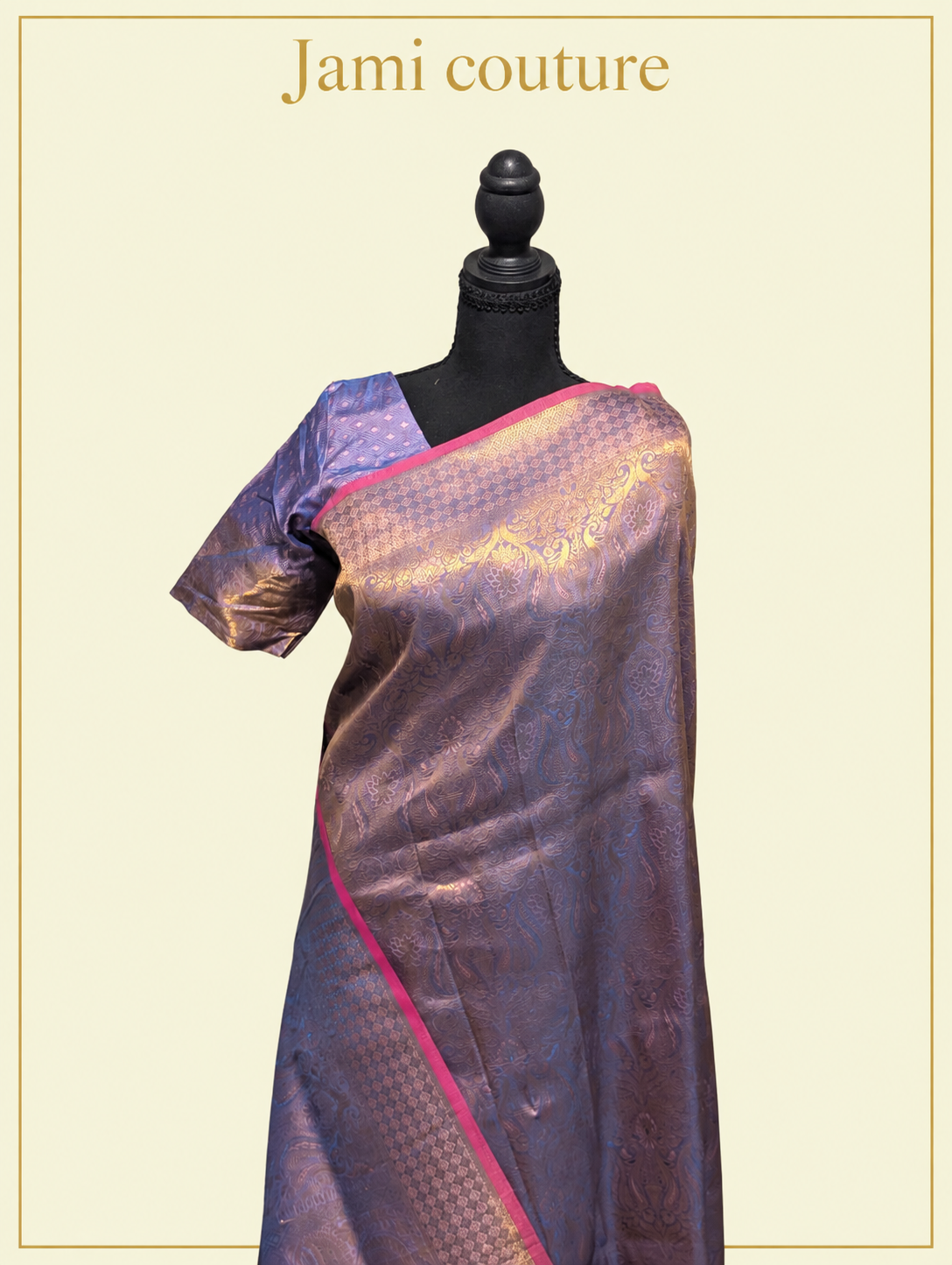 Lavender Handloom Weaving Silk Saree with All-Over Gold Zari Brocade & Pink Border | Matching Stitched Blouse