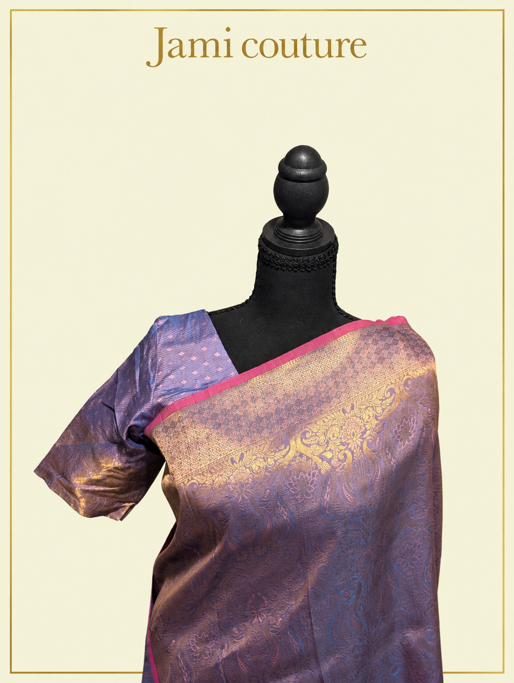 Lavender Handloom Weaving Silk Saree with All-Over Gold Zari Brocade & Pink Border | Matching Stitched Blouse