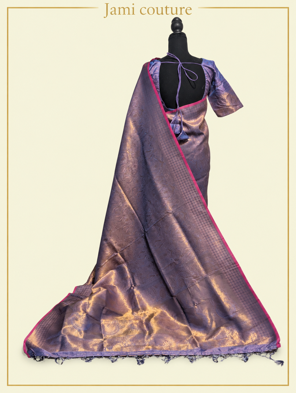 Lavender Handloom Weaving Silk Saree with All-Over Gold Zari Brocade & Pink Border | Matching Stitched Blouse