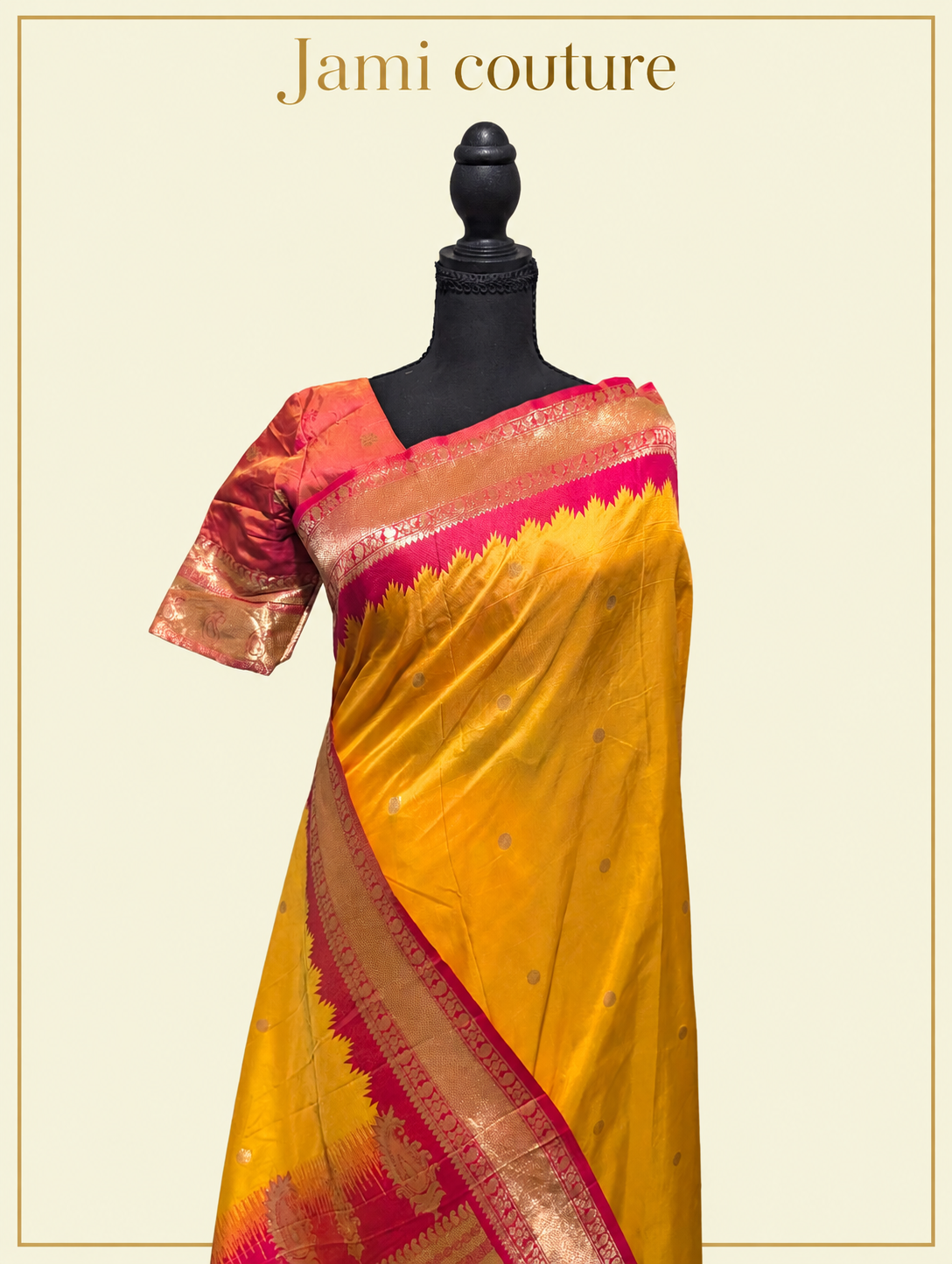 Mango Yellow Soft Banarasi Silk Saree with Copper Zari Brocade & Rani Pink Temple Border | Matching Stitched Blouse