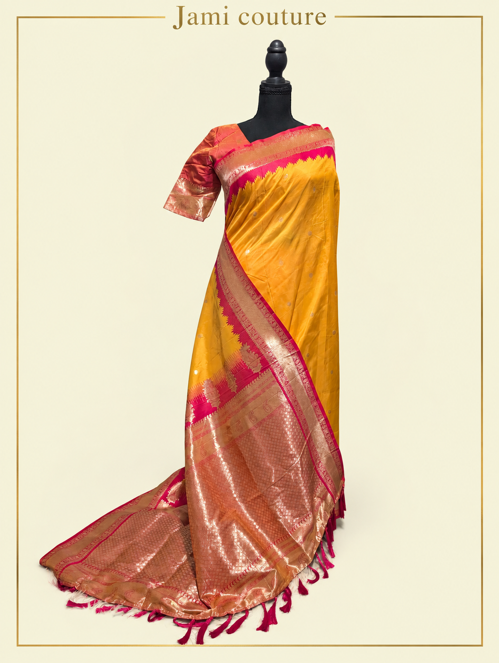Mango Yellow Soft Banarasi Silk Saree with Copper Zari Brocade & Rani Pink Temple Border | Matching Stitched Blouse