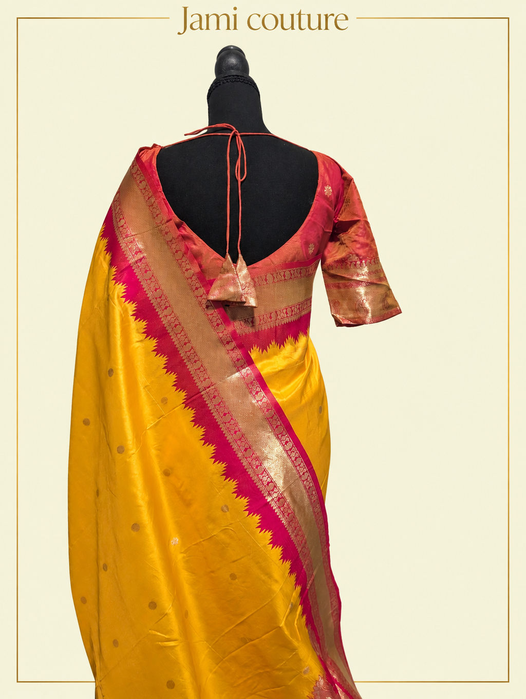 Mango Yellow Soft Banarasi Silk Saree with Copper Zari Brocade & Rani Pink Temple Border | Matching Stitched Blouse