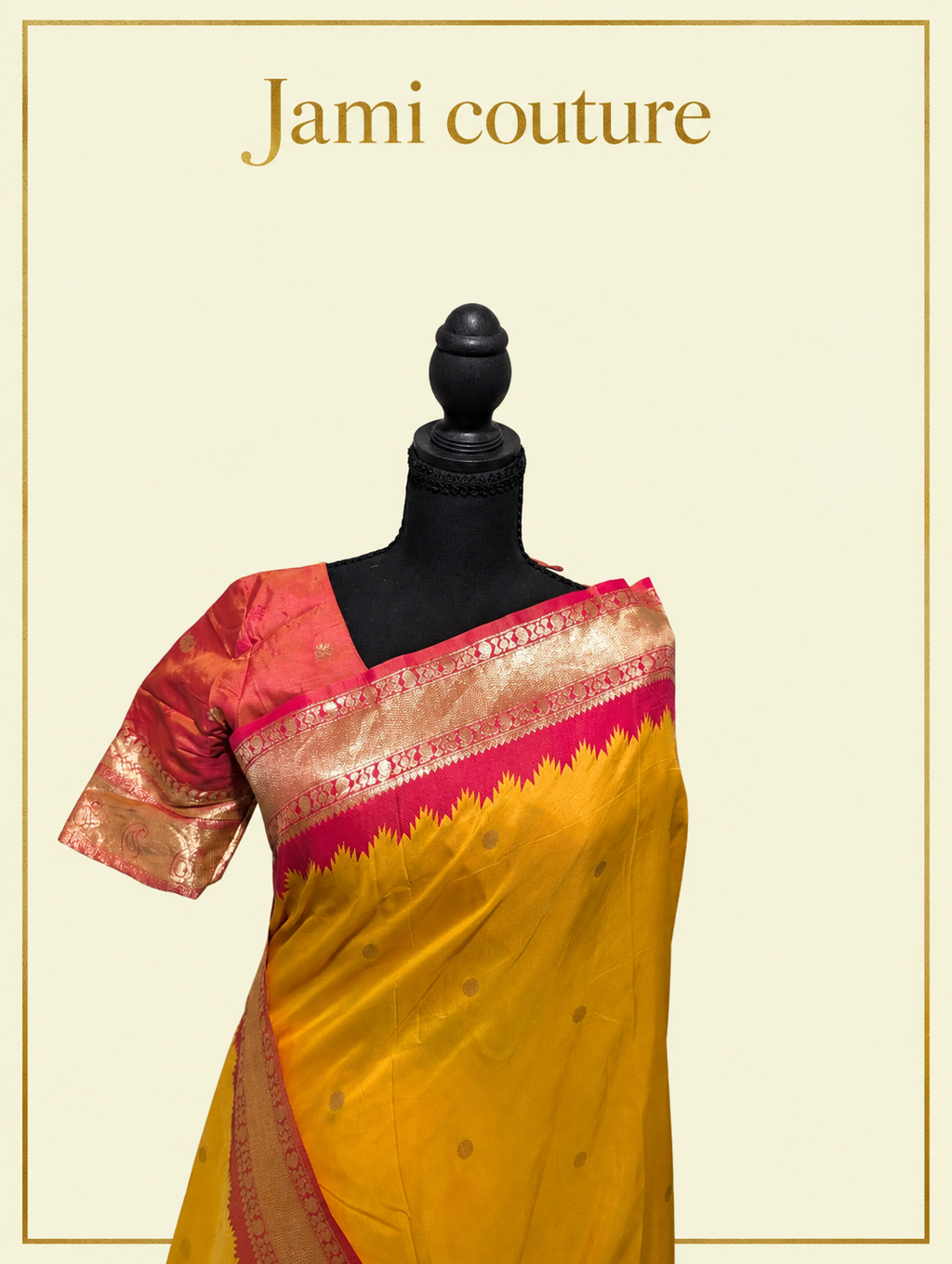 Mango Yellow Soft Banarasi Silk Saree with Copper Zari Brocade & Rani Pink Temple Border | Matching Stitched Blouse