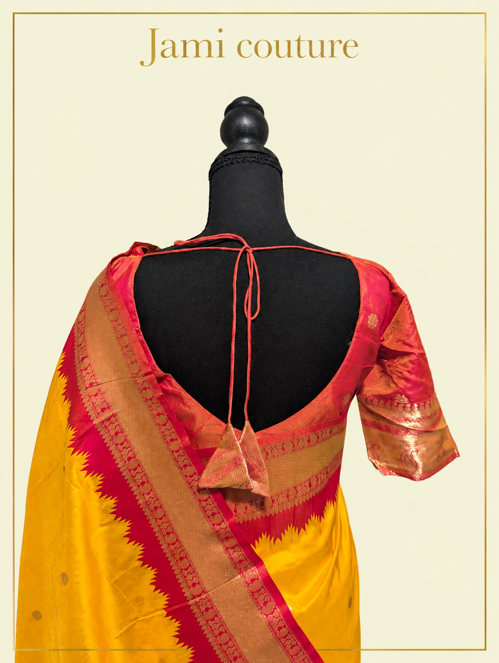 Mango Yellow Soft Banarasi Silk Saree with Copper Zari Brocade & Rani Pink Temple Border | Matching Stitched Blouse