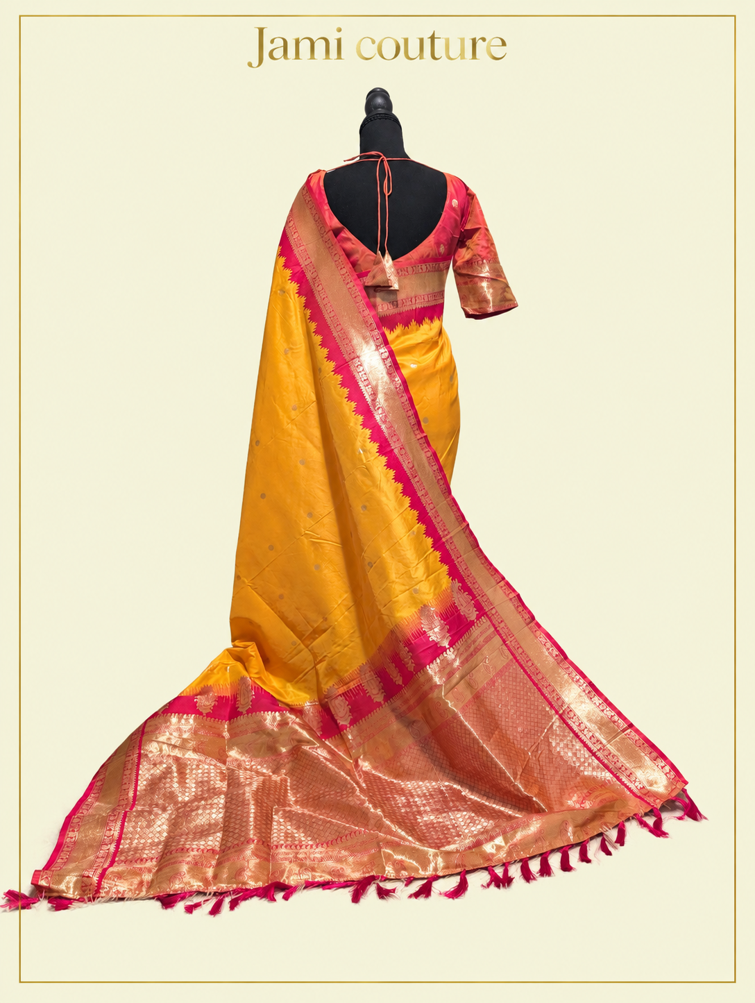Mango Yellow Soft Banarasi Silk Saree with Copper Zari Brocade & Rani Pink Temple Border | Matching Stitched Blouse