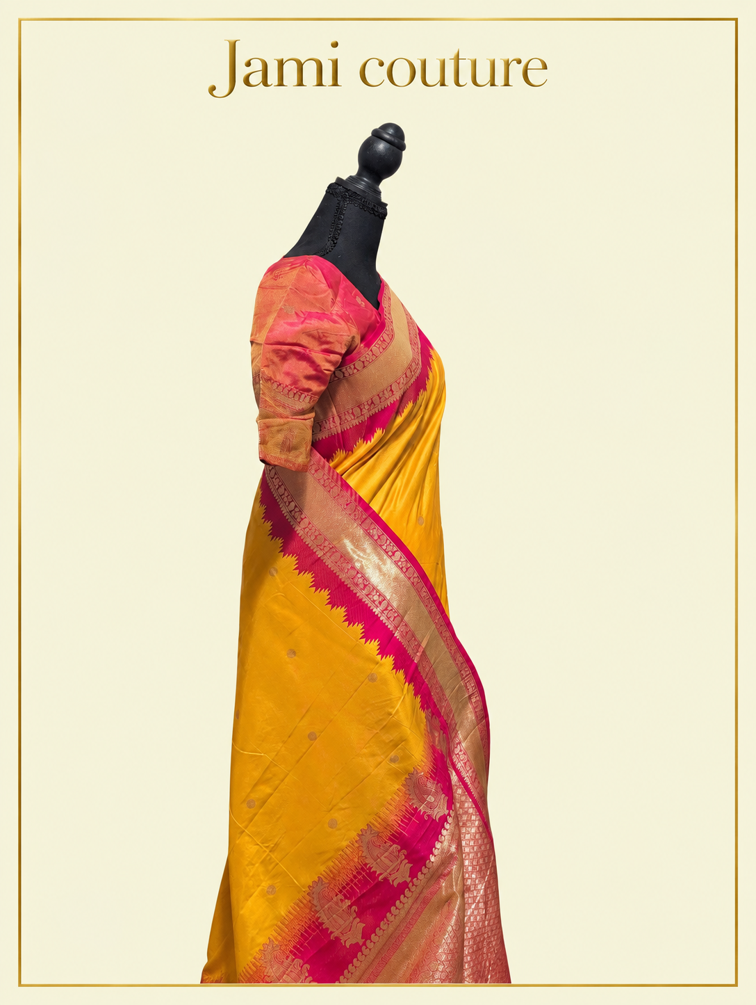 Mango Yellow Soft Banarasi Silk Saree with Copper Zari Brocade & Rani Pink Temple Border | Matching Stitched Blouse