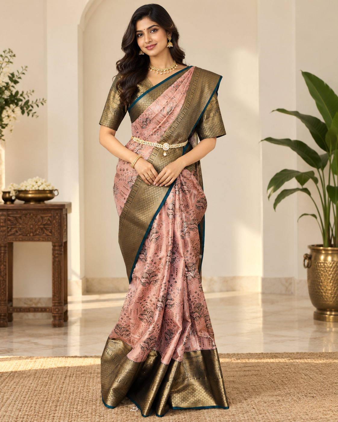 Dusty Rose / Blush Pink Premium Kanchipuram Silk Saree with Stitched Blouse