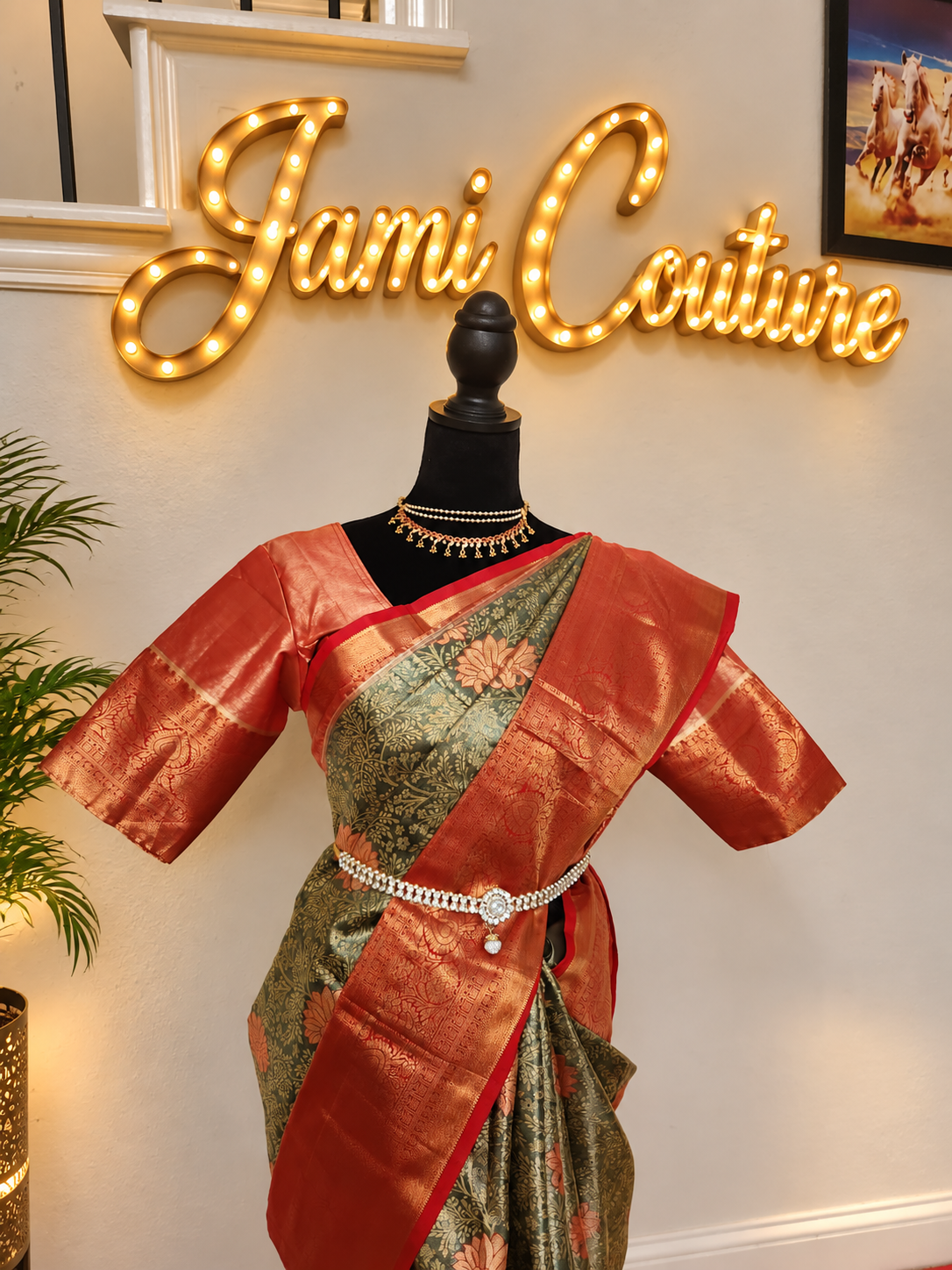 Olive green Premium Kanchipuram Silk Saree with Stitched Blouse