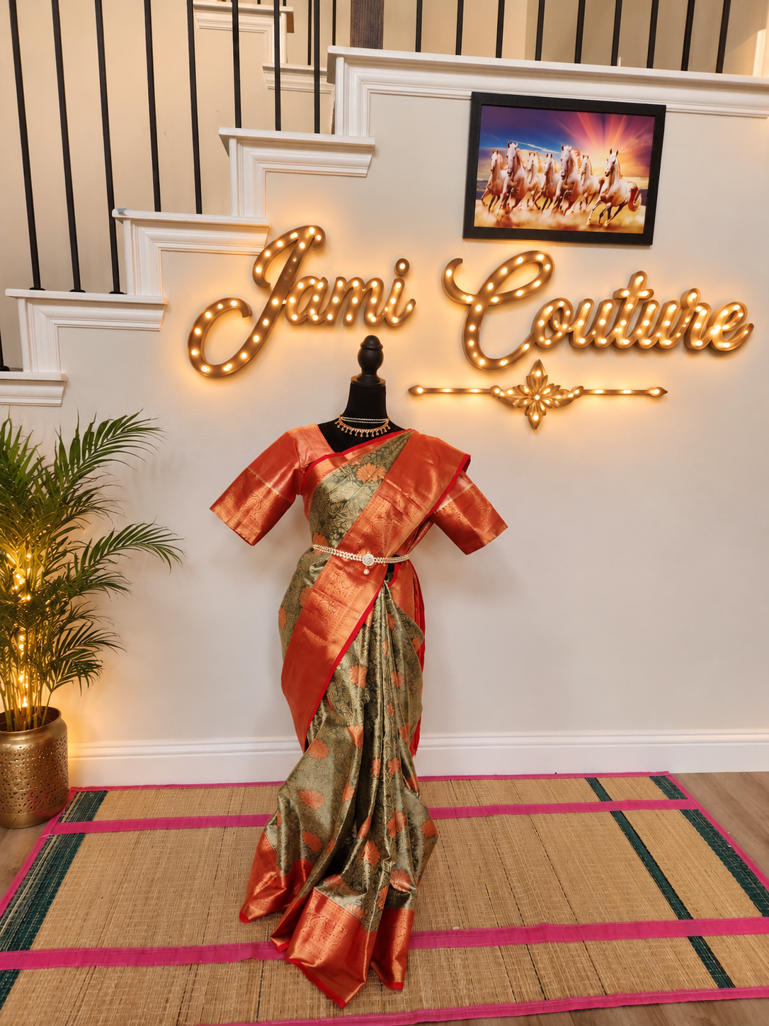Olive green Premium Kanchipuram Silk Saree with Stitched Blouse