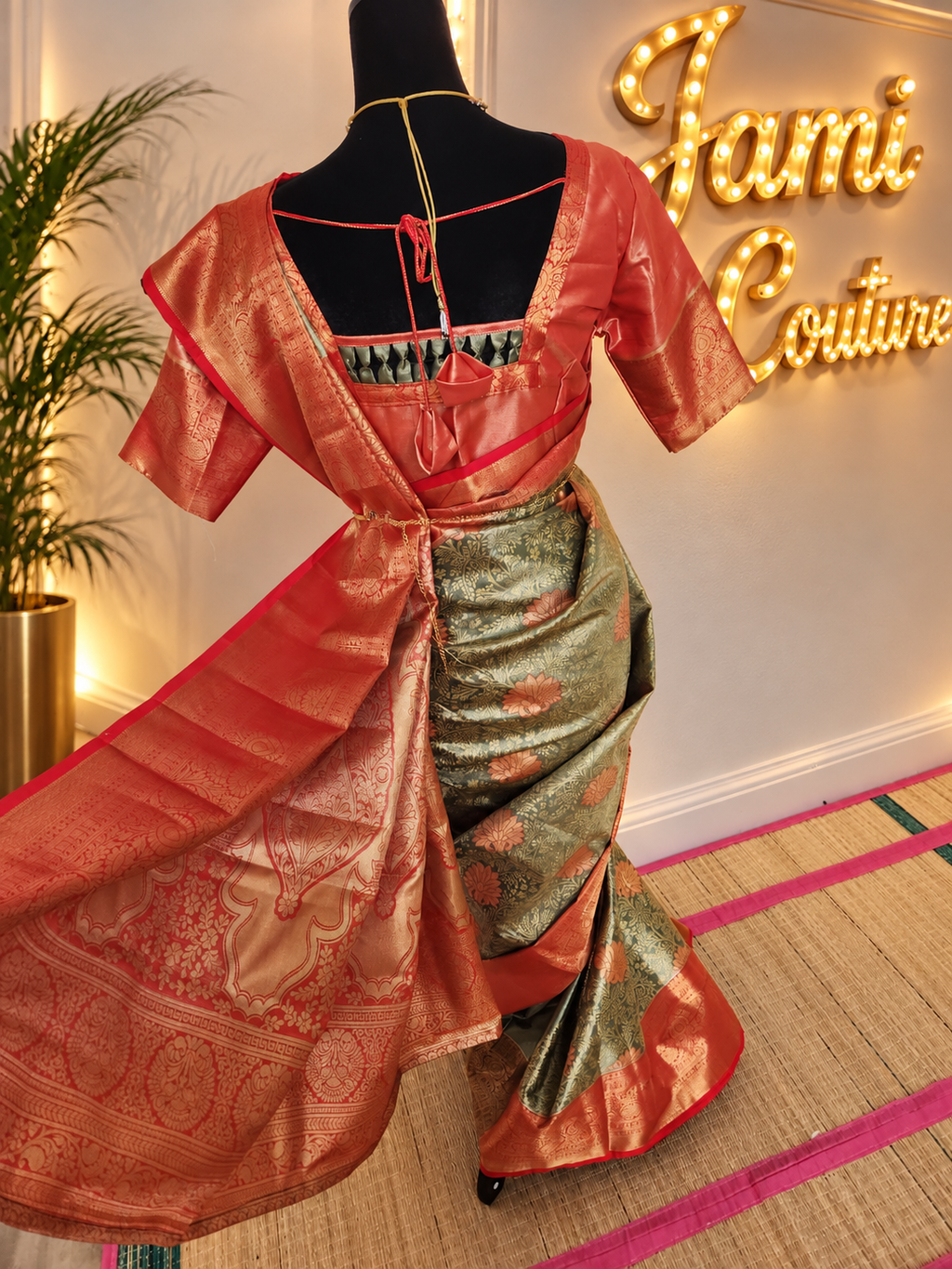 Olive green Premium Kanchipuram Silk Saree with Stitched Blouse