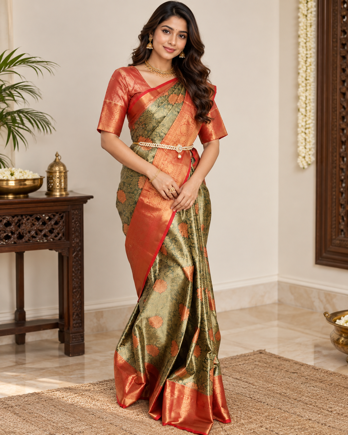 Olive green Premium Kanchipuram Silk Saree with Stitched Blouse