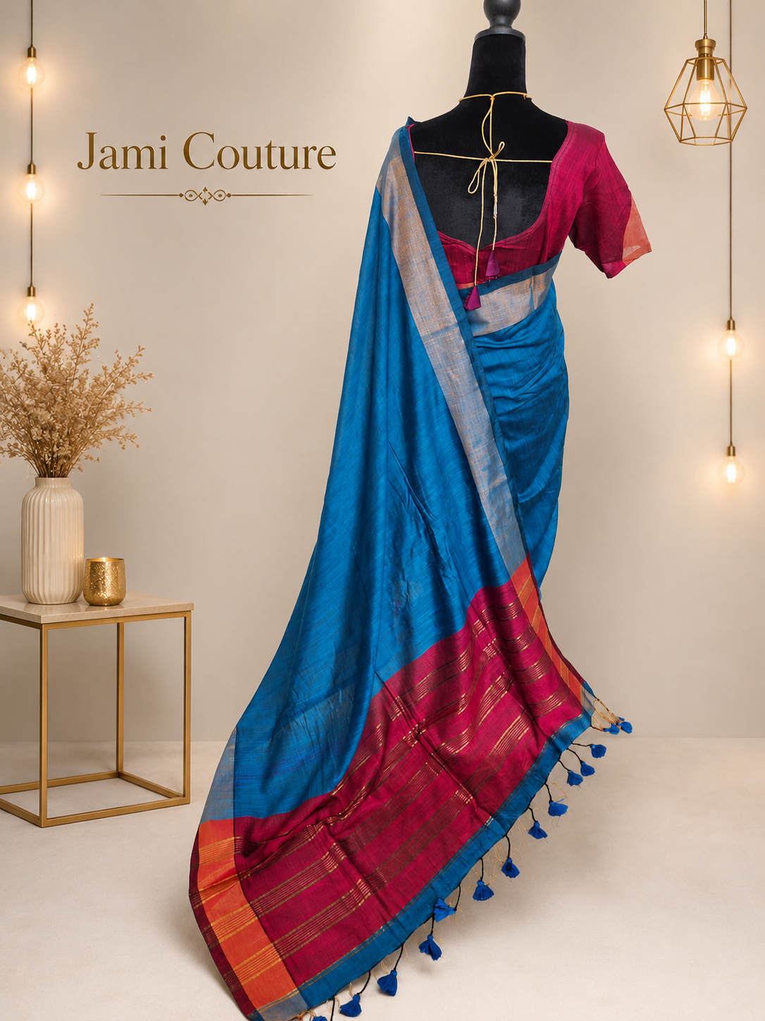 Back view of the blue khadi cotton saree with the pink striped pallu and blue tassels