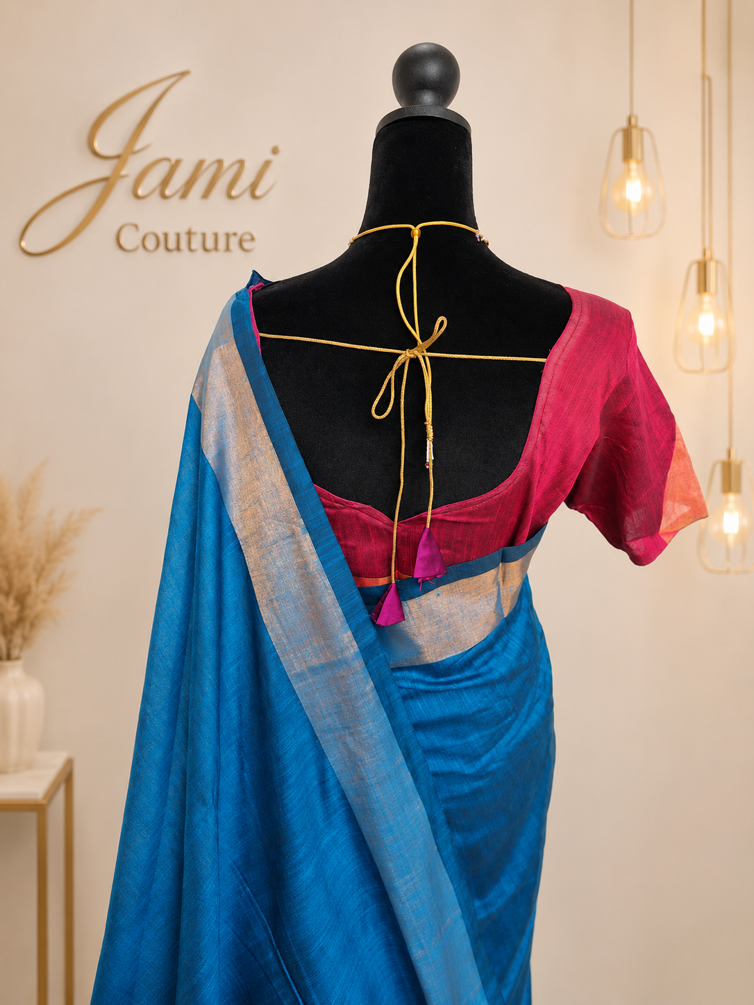 Close-up of the pink stitched blouse back with gold tie closure and the blue khadi pallu