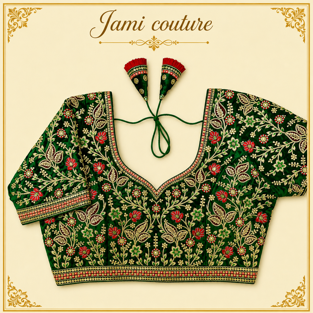 Green velvet designer blouse with floral handwork embroidery